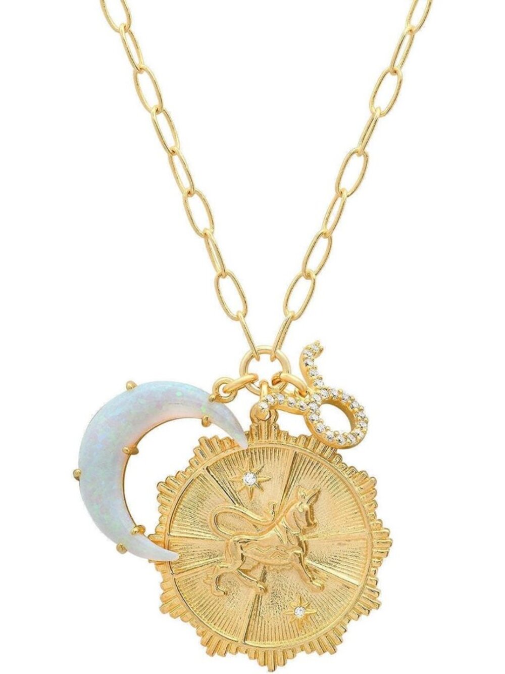Trendy Gold Zodiac Coin Opal Crescent Moon Charm Necklace - 18K Gold Plated